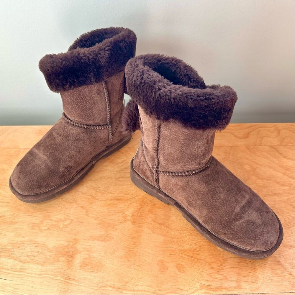 LAMO Apres Brown Suede Shearling Lined Mini Ankle Boots Women's 5